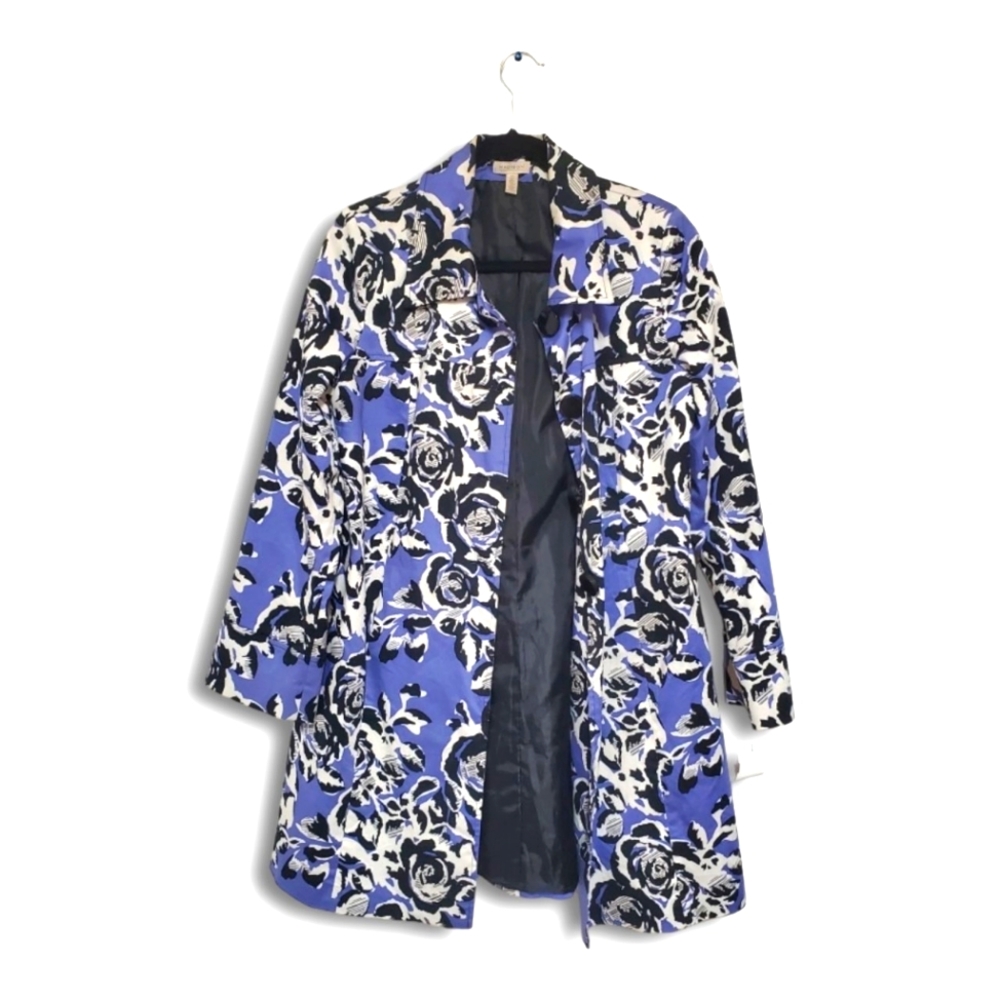 Madison Trench Periwinkle/Black/White Floral Print Coat W/Lining Woman's MEDIUM